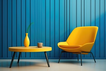 Yellow armchair with matching side table and plant in a modern room with a vibrant blue wall, stylish and comfortable interior design