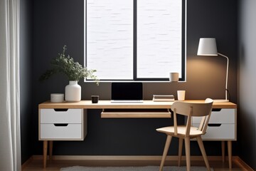 Minimalist home office setup with a wooden desk, chair, and modern decor, featuring natural light from a window and a cozy lamp in a stylish interior