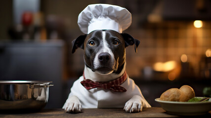 A spectacular black dog in a white suit in the kitchen at the table. Chef dog on the background of...