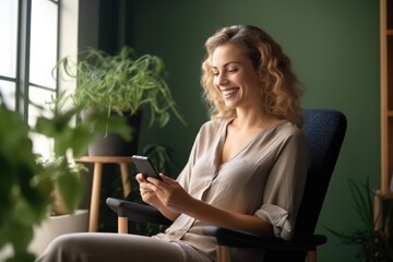 Woman on Chair: Remote Working and Texting with Smartphone in Home Office