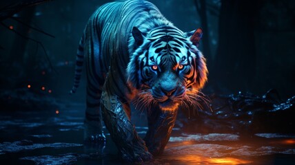 Bioluminescent face blue tiger animal image AI generated art