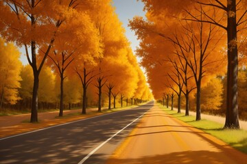 Naklejka na ściany i meble Road on an autumn day. Autumn road through a rural field landscape, generative ai. Yellow and orange trees
