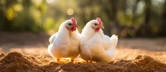 Fotobehang Backyard chickens enjoying a sun drenched dirt bath in a coop or farm © AkuAku