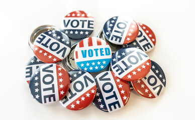Presidental election 2024, red,blue and white vote buttons. I voted badge isolated on white background. Election day United States of America