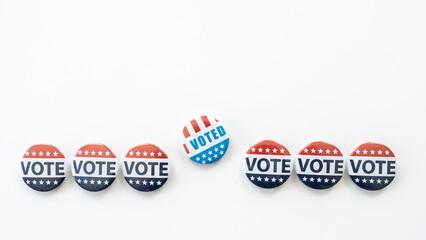 Presidental election 2024, red,blue and white vote buttons. I voted badge isolated on white background