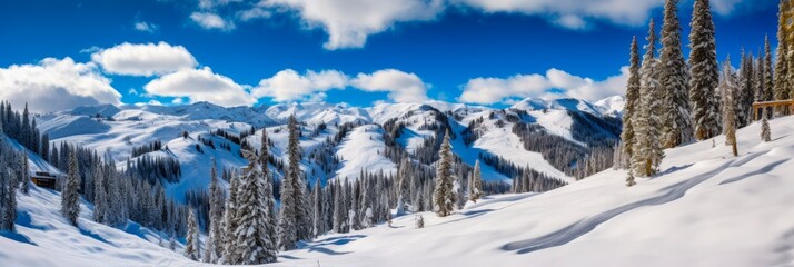Alta Utah Winter Landscape. Panoramic View of Snowy Mountains, Forest and Skies, with Ski Trails in the Foreground - obrazy, fototapety, plakaty
