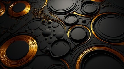 Three-Dimensional Black Gold Texture Background with Relief Circles. Illustration and 3D Rendering for Metal, Skin, and Plastic Abstraction