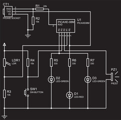 Schematic diagram of electronic device.
Vector drawing electrical circuit with diode, 
button, resistor, led, socket
and other electronic components.