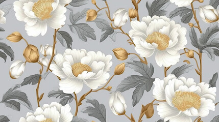 Vintage chinese wallpaper, elegant grey rose flower pattern contemporary ceramics AI Generated