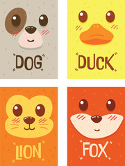 Cute simple animal face posters. Dog, duck, lion and fox. Designs for baby clothes, posters, greeting card. Hand drawn characters. Colored cartoon vector illustration set.
