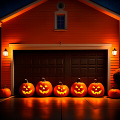 Halloween pumpkins in front of a house garage