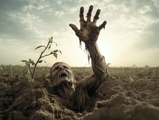 spooky zombie reaching out of the ground. 