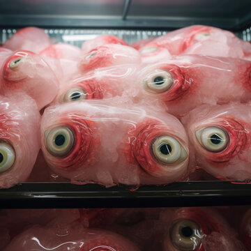 Shrinkwrapped frozen tuna eyes in a supermarket fride, surreal food