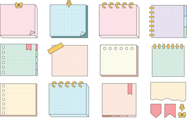 Colorful Note paper or sticky note, set of journal notes paper planning design. Pastel colors flat set. Notebook sticker, to do list, time planner, organization diary. Hand drawn vector illustration.