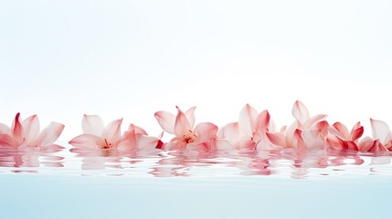 light colored flowers floating on water on a white background with copy space