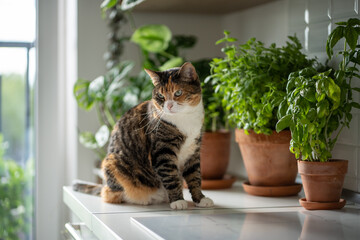 Pet and plants at home. Fluffy funny cat sit on kitchen table near small garden with houseplants...