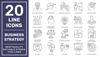 Business Strategy concept line icons set. Universal business strategy icons to use for web and mobile UI, set of basic business strategy elements. Editable Stroke. EPS 10.