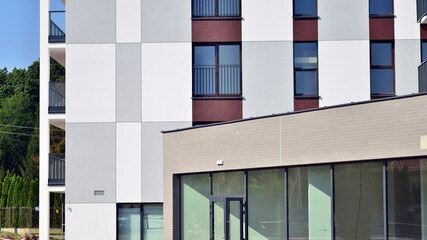 Panoramic windows of new commercial premises. Commercial property in development standard for rent.