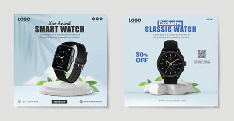 Smart watch product sale social media ads banner design template. Sale and discount gadget product advertising banner.