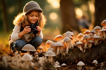 little girl photographing a bunch of mushrooms in a forest at sunset