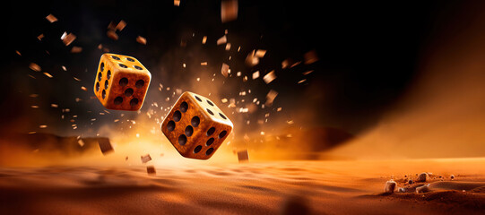 panoramic close up shot of 2 dice rolling on the ground - obrazy, fototapety, plakaty