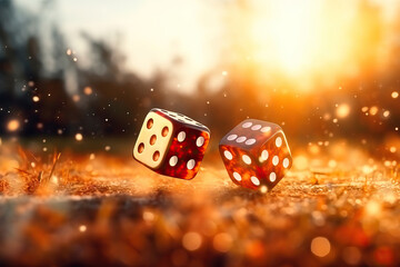 panoramic close up shot of 2 dice rolling on the ground - obrazy, fototapety, plakaty