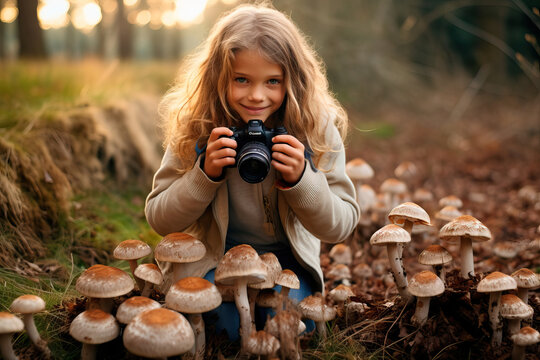 little girl photographing a bunch of mushrooms in a forest at sunset