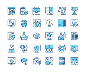Business training icons set. Vector line icons. Blue color outline stroke symbols. Modern concepts