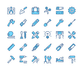 Work tools icons set. Vector line icons. Blue color outline stroke symbols. Modern concepts