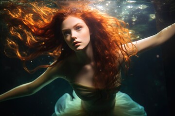 Underwater portrait of a woman with long hair.