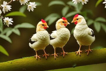 Fototapeta premium Cute couple of chicken sitting on branch, generative ai image