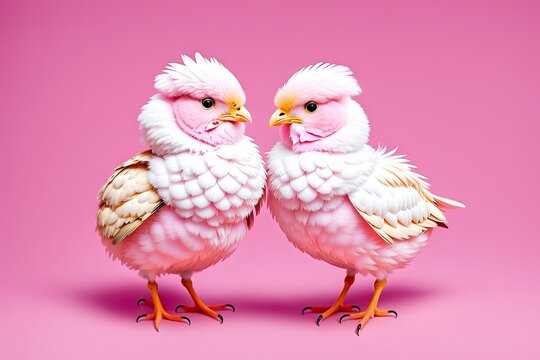 A couple of pink and yellow colored small chickens on pink background, generative ai image