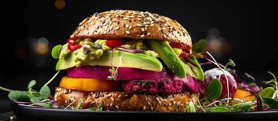 Beet burger with vegan toppings on black background Vegan diet option Close up