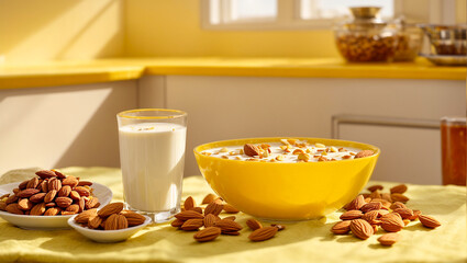 Obraz na płótnie Canvas glass of milk, almonds on kitchen background