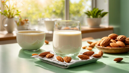 glass of milk, almonds on kitchen background - obrazy, fototapety, plakaty