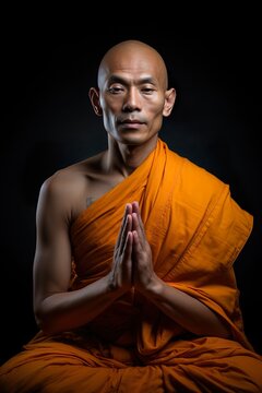 Buddhist monks meditate to calm the mind. The brain will refresh the secretion of Indoine. Make happy, buddhist monk in meditation pose over black background | Generative AI