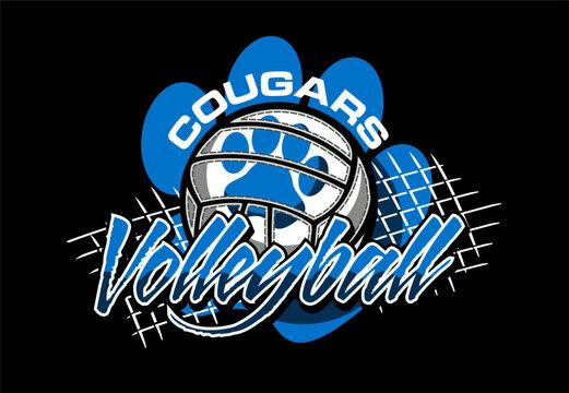 cougars volleyball team design with paw print and net for school, college or league sports