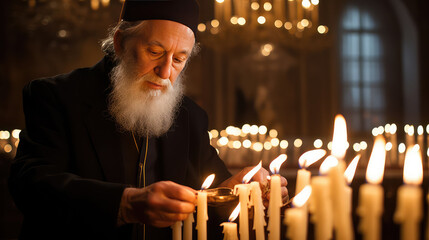 Senior Jewish man burning candles in the church