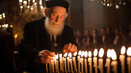 Senior Jewish man burning candles in the church - obrazy, fototapety, plakaty