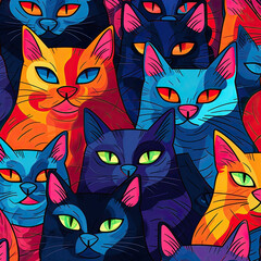 Seamless repeating patterns of crazy colorful cats AI Generated