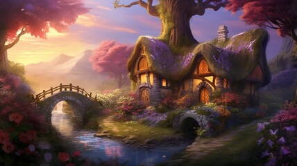 Beautiful flower garden hidden fairy house fantasy picture AI generated art
