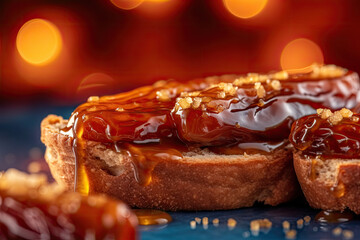 Saudi Arab Dates toast, macro shot of a fresh breakfast with Dripping Honey, AI Generated