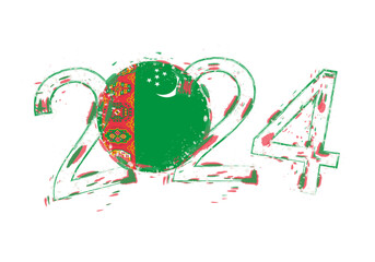 2024 Year in grunge style with flag of Turkmenistan.