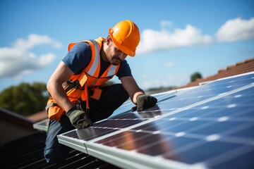 An Engineer installing solar panels on a roof. - obrazy, fototapety, plakaty
