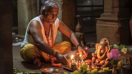 Indian brahman making puja for the holiday in the temple - obrazy, fototapety, plakaty