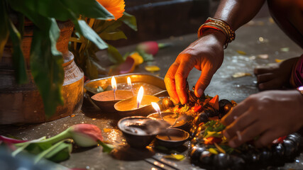 Indian brahman making puja for the holiday in the temple - obrazy, fototapety, plakaty