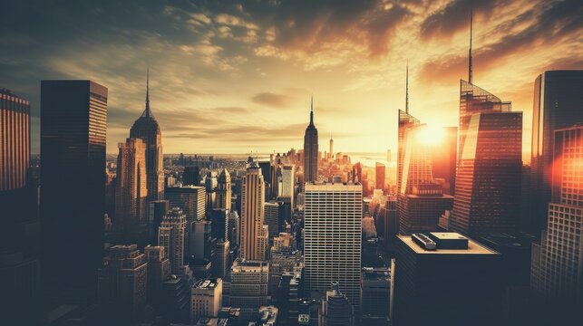 Spectacular view of skyscrapers in Manhattan at sunset, New York City