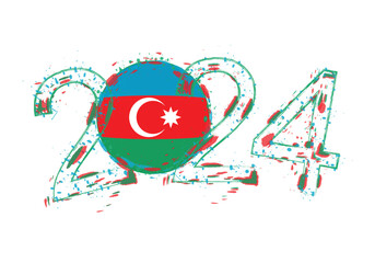 2024 Year in grunge style with flag of Azerbaijan.