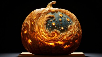 A pumpkin carved to resemble a celestial, star-filled sky.