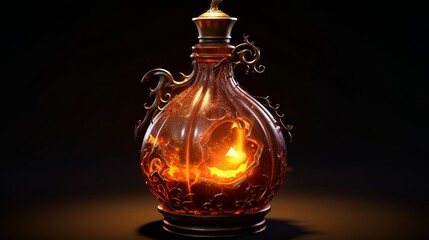 A pumpkin carved to resemble a magical, glowing potion bottle.